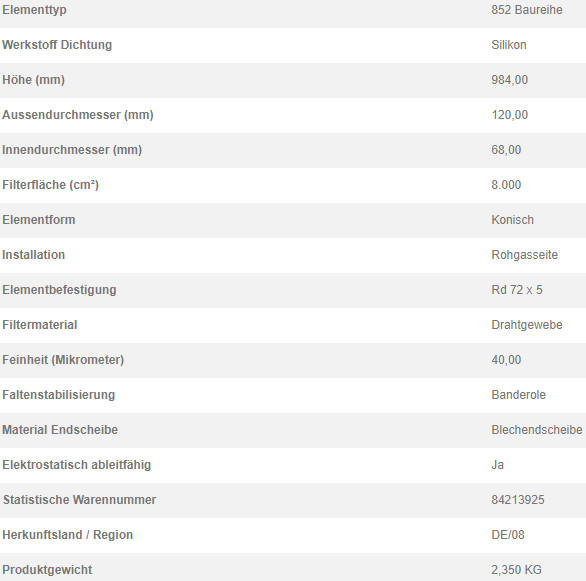 72441119 Filterpatrone 852 904 DRG 50-0,8 V4A FRV FOOD SF