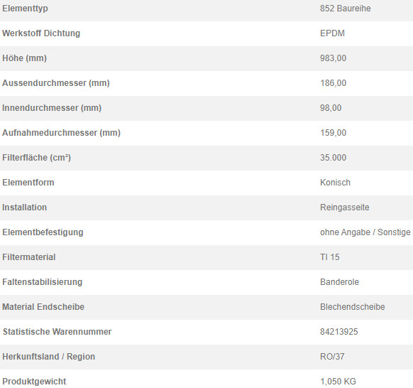 72422753 Filterpatrone 852 953 TI 15-3,5 VZK
