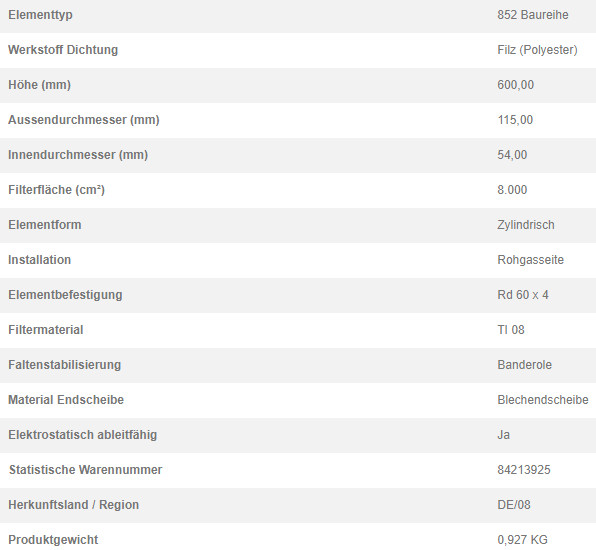77950470 Filterpatrone 852 625 TI 08-0,8 V4A FOOD