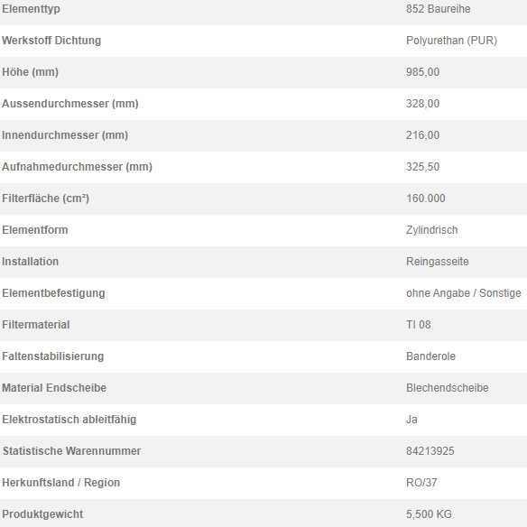 79380783 Filterpatrone 852 943 TI 08-16 BAND