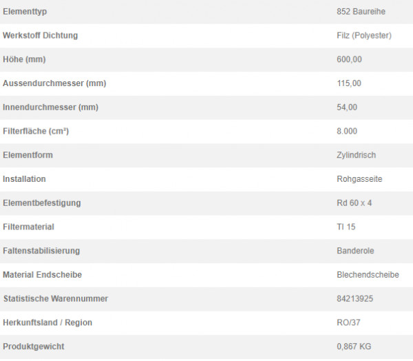 77950140 Filterpatrone 852 625 TI 15-0,8