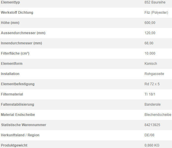 70315756 Filterpatrone 852 903 TI 18/1-1,0 V4A FOOD