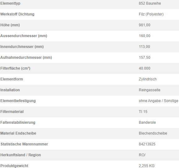 76160949 Filterpatrone 852 820 TI 15-4