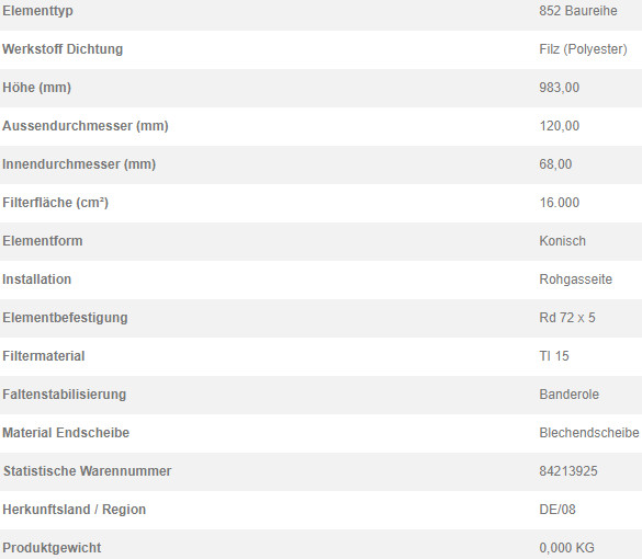 70603807 Filterpatrone 852 904 TI 15-1,6 V4A 2.2 FOOD