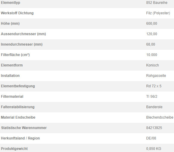 70571584 Filterpatrone 852 903 TI 56/2-1,0 K197